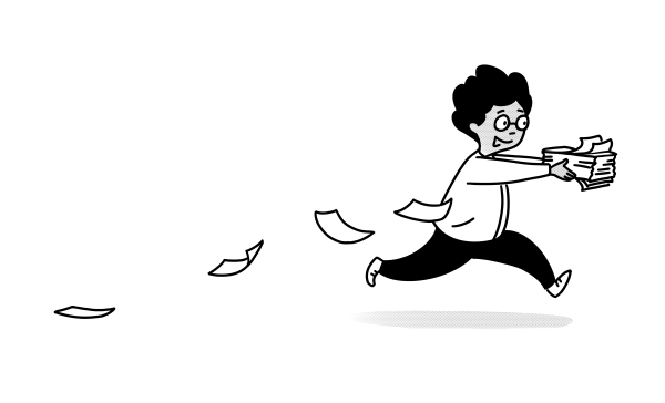 Cartoon figuur die rent met stapel papier in de handen